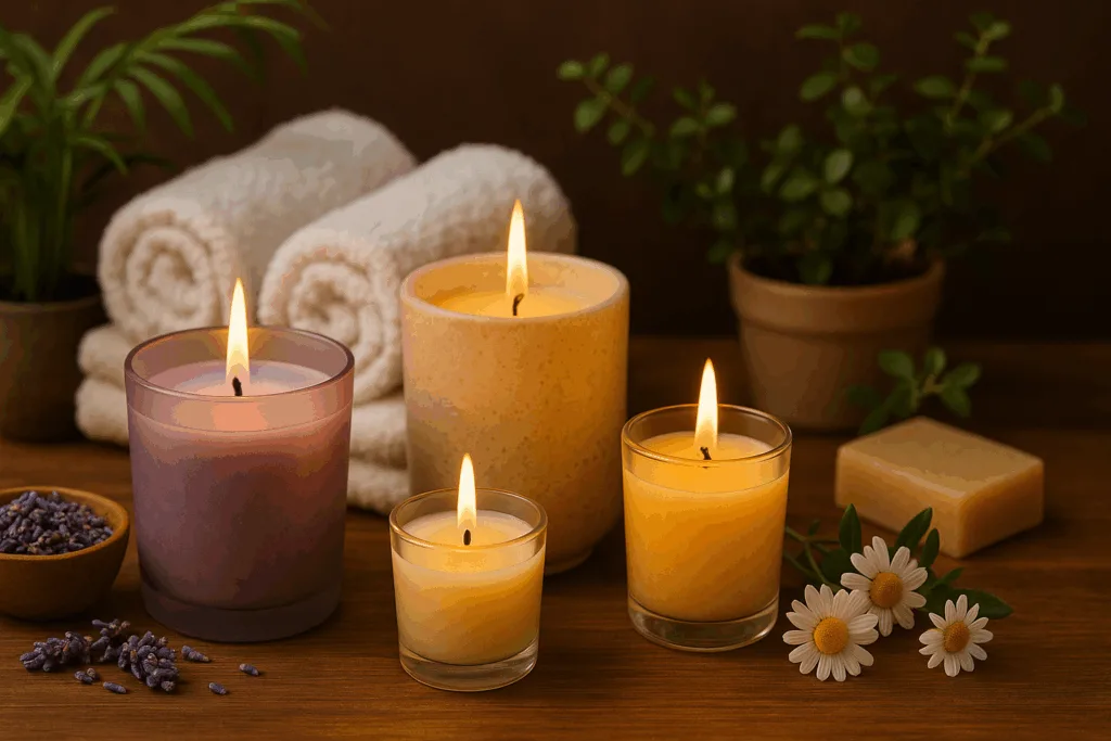 Therapeutic scented candles including lavender, chamomile, and citrus blends for wellness in 2025.
