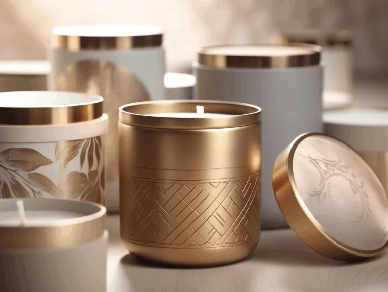 Candle containers with foil stamping, embossing, matte, glossy, and textured finishes.