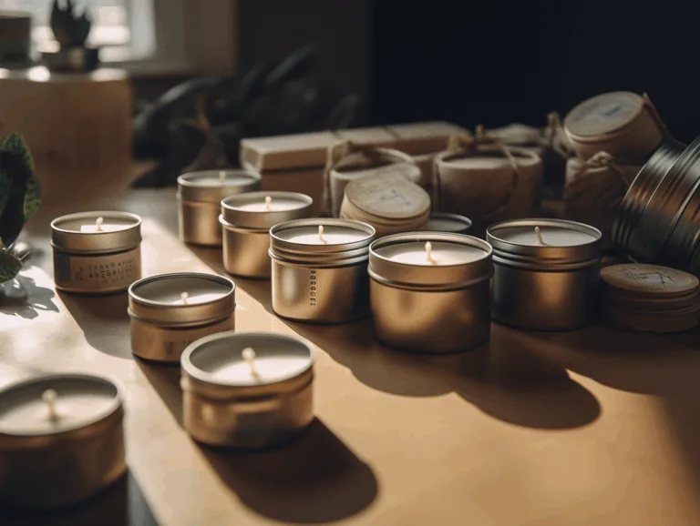Soy wax being poured into metallic tins with recyclable packaging beside them.