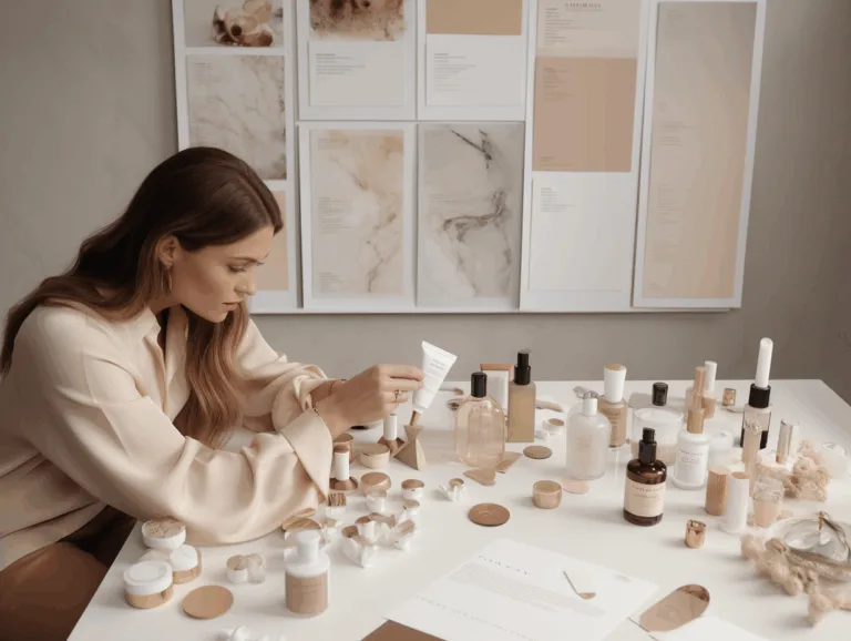 A designer presenting a mood board of fragrance names and categories, with candles displayed on a table.