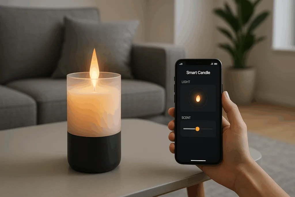 Smart candle with LED flame and app control representing top candle market innovation trends for 2025.