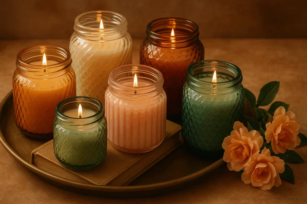 Various decorative jar candles displayed on a tray with books and flowers for stylish home décor.