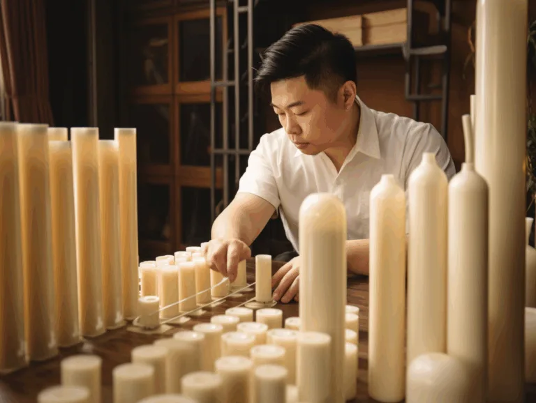 Candle maker checking taper candle quality in a luxury workshop.