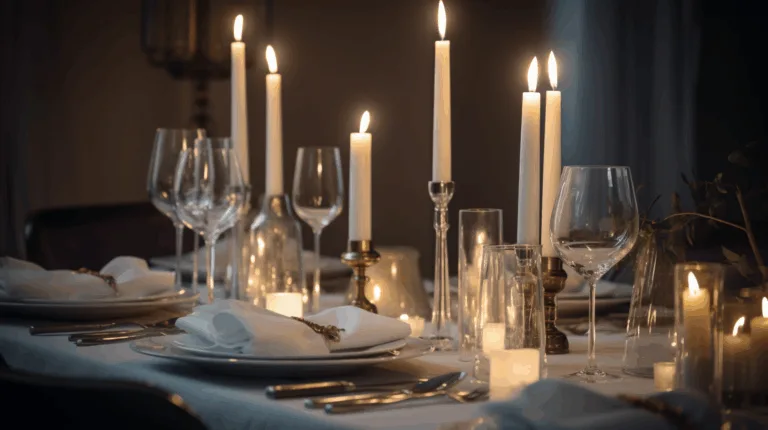 Slim taper candles in metallic candle holders, lit during a fine dining setup with white linens, wine glasses, and romantic atmosphere.