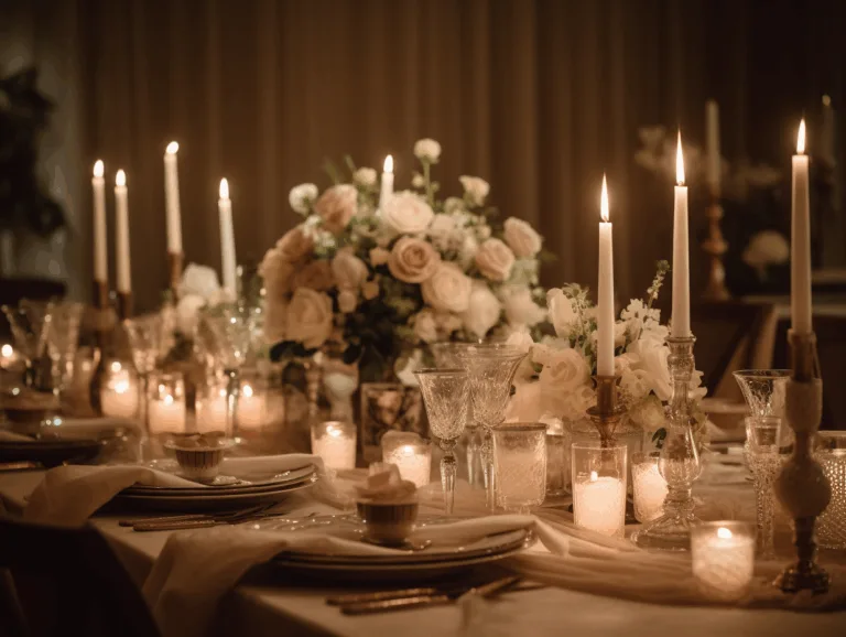 Taper candles glowing on decorated wedding and dining tables with floral centerpieces.