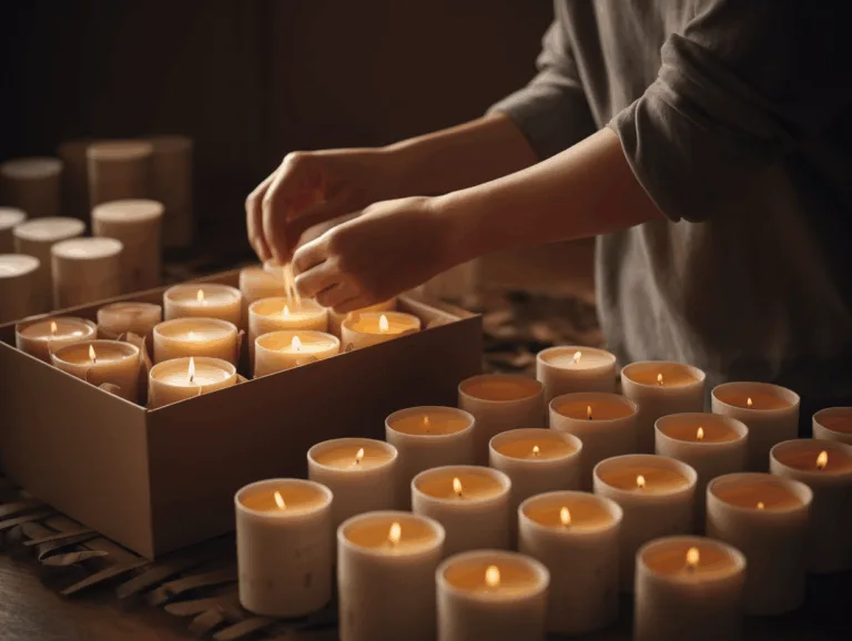 A worker arranging bulk tea light candles into multipack boxes in a workshop.