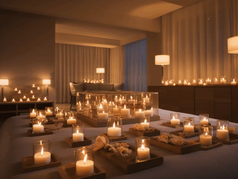 Tea light candles glowing in spa and restaurant environments for cozy ambiance.