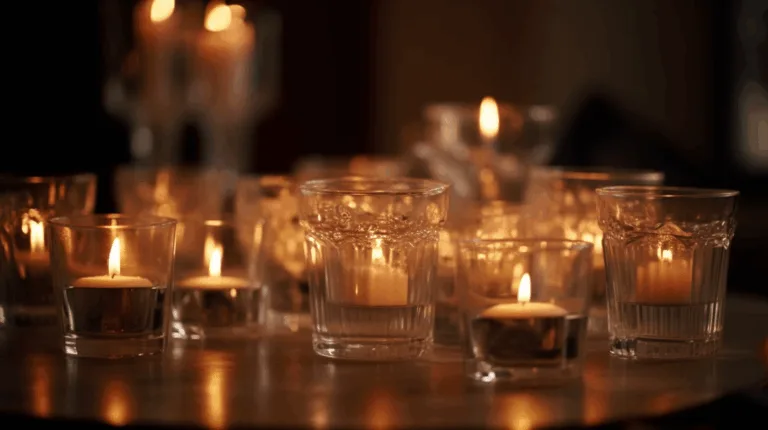 Several tea light candles in clear cups, softly glowing in clusters on a dinner table, elegant glassware in background, warm cozy atmosphere.