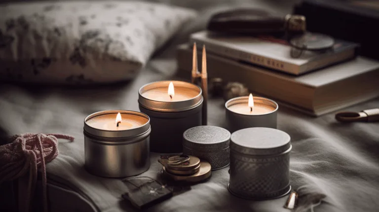 Small round travel tin candles, brushed metallic finish with embossed lid, some open and lit, styled with cozy travel accessories (journal, scarf), soft beige background.
