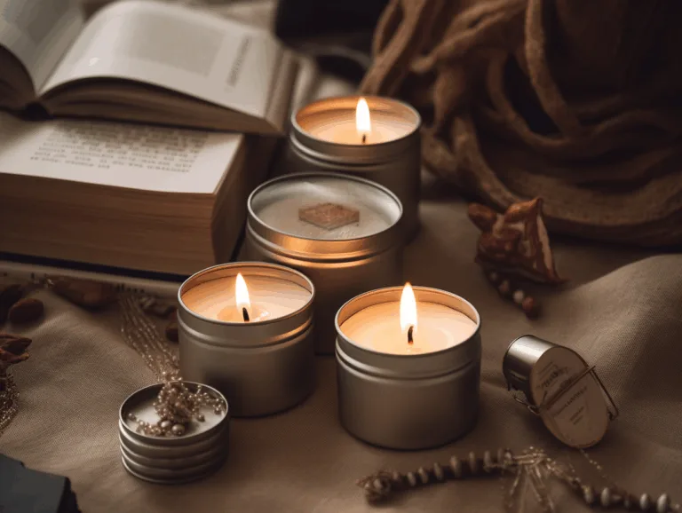 Metallic tin candles with embossed lids, some open and lit, styled with travel accessories.
