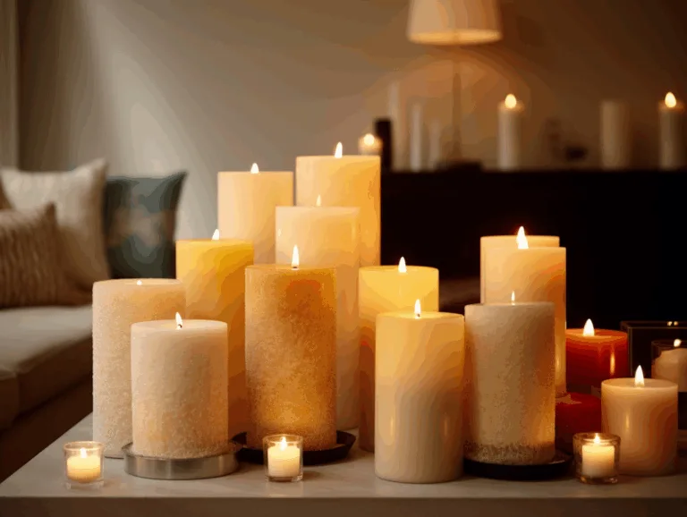 Decorative pillar candles with layered colors and textures arranged on a table.