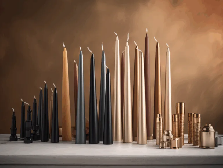 Taper candles in different lengths and finishes displayed on a beige table.