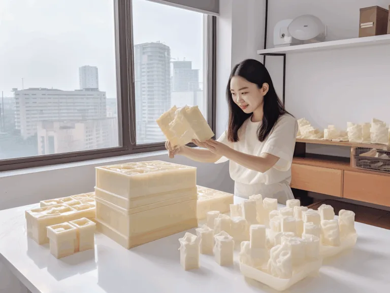 Designer presenting branded wax melt packaging and molds in a minimalist workspace.