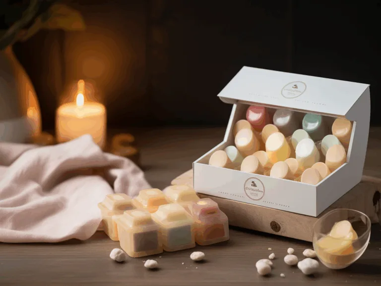 Wax melts displayed in spa and retail gift boxes beside a glowing wax warmer.