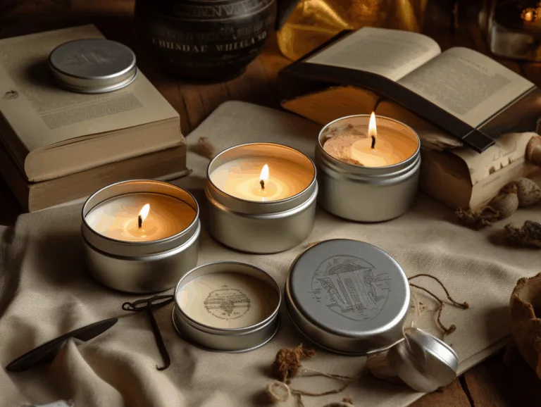 Lightweight tin candles arranged with a passport and coffee cup on a beige surface.
