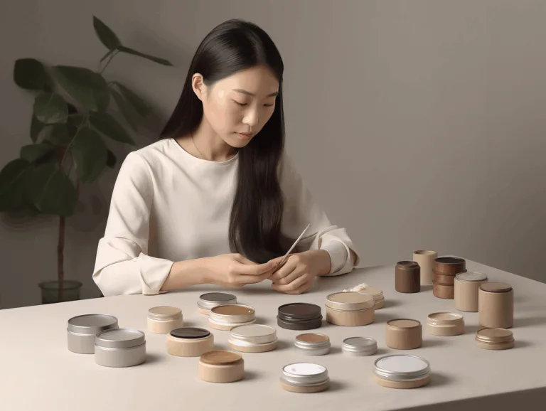 A designer presenting tin candle lids and packaging samples in a minimalist workspace.