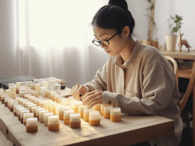 A designer presenting tin candle lids and packaging samples in a minimalist workspace.