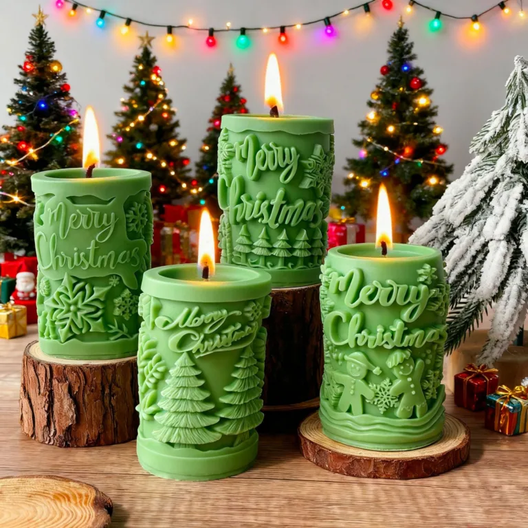 Luxury Christmas embossed pillar candle made with eco-friendly soy wax, festive decorative holder, and elegant gift packaging by Circe Home.