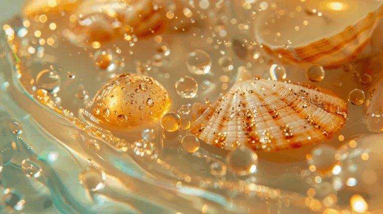 Close-up of a gel candle with crystal-clear wax showcasing embedded shells and glitter, photographed in premium detail.