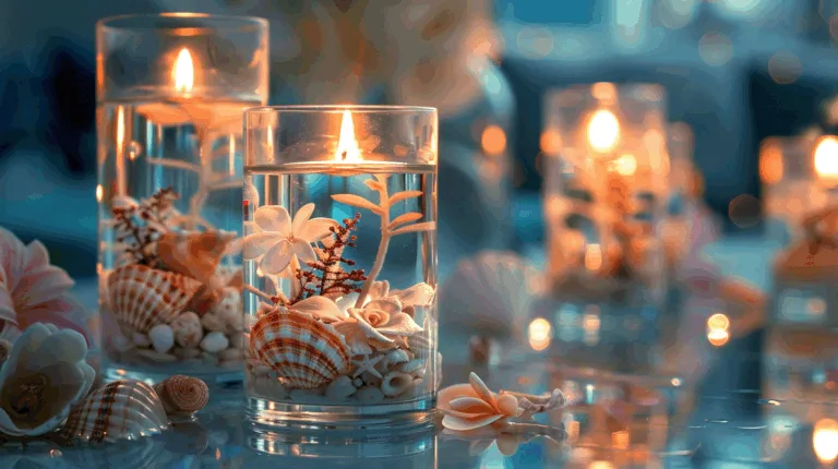 Clear gel candles with seashells and flowers embedded inside, glowing in elegant glass containers for luxury home décor.