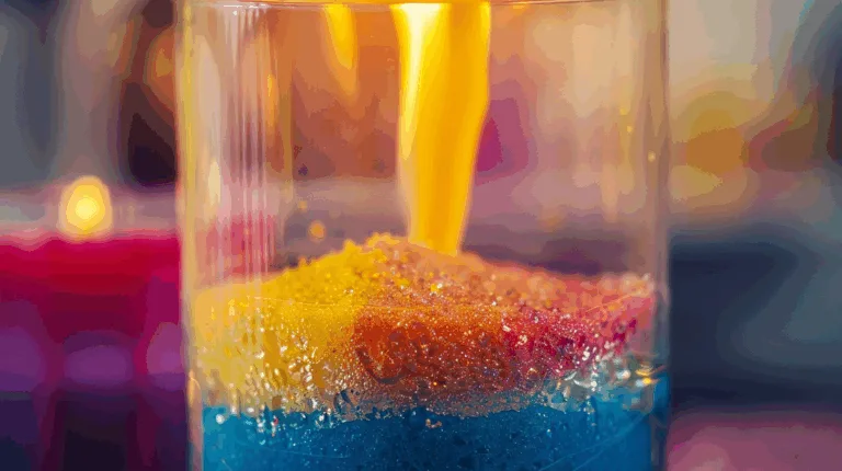 Close-up of sand wax being poured into a candle container, showing refillable and eco-conscious candle design with vibrant colors.