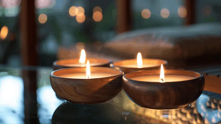 Floating candles arranged in a decorative bowl with serene light reflections, perfect for weddings and home décor.
