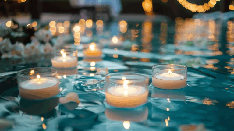 Floating candles illuminating spa pools, wedding receptions, and outdoor garden parties with a premium event atmosphere.