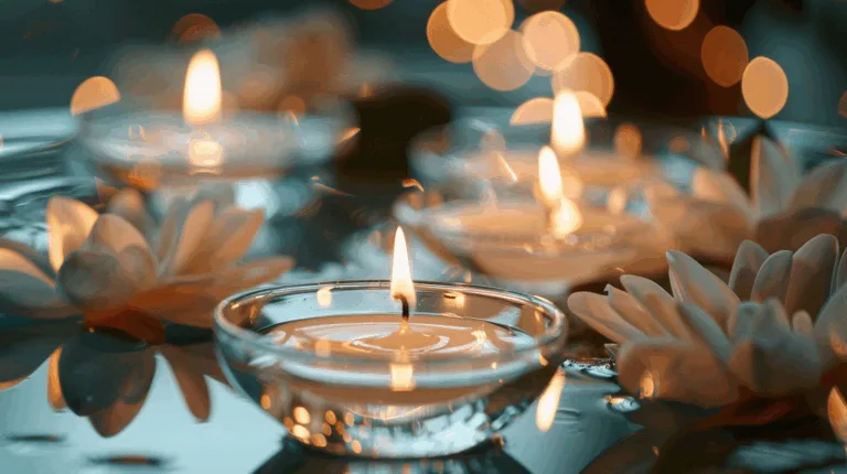 Romantic floating candles glowing on water surfaces in elegant glass bowls, creating luxury ambiance for events and spas.