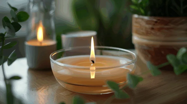 Close-up of non-toxic floating candle wax and stable flame on water, paired with eco-friendly packaging materials.