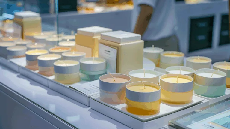 Candle manufacturer presenting gel candle customization options with decorative inserts and branded packaging design.
