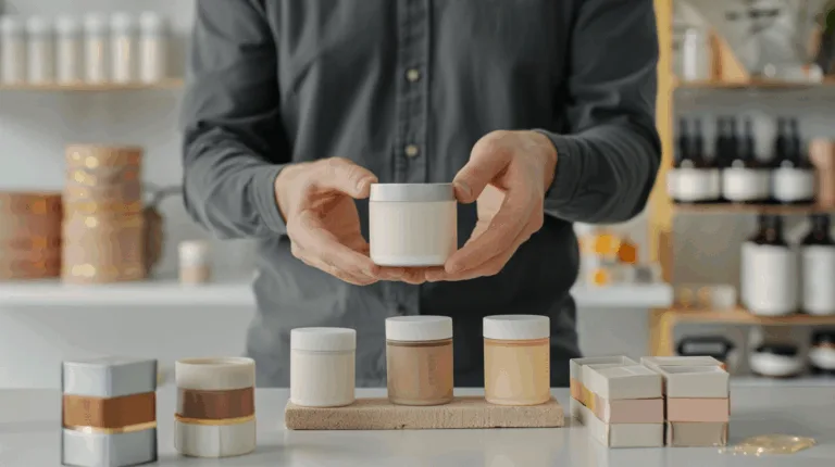 Designer presenting custom fragrance and packaging options for sand wax candles in a modern branding workspace.