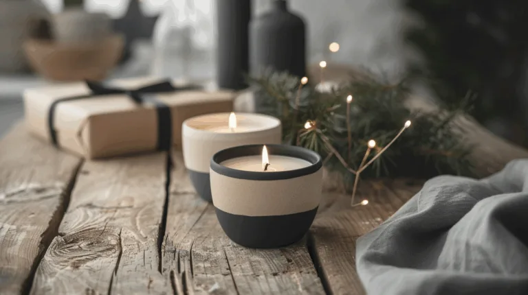 Sand wax candles displayed on a wooden table with cozy décor, gift packaging, and DIY candle kit presentation.
