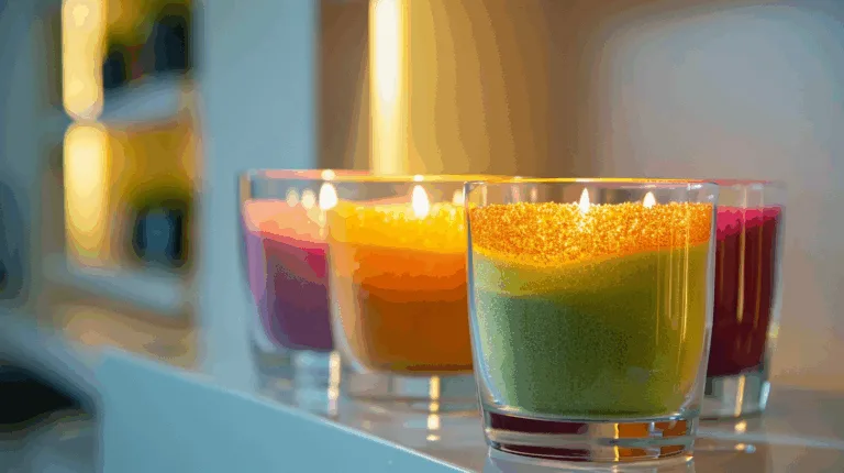 Luxury sand wax candles with colorful layers displayed in premium glass jars, glowing softly in a minimalist studio setting.