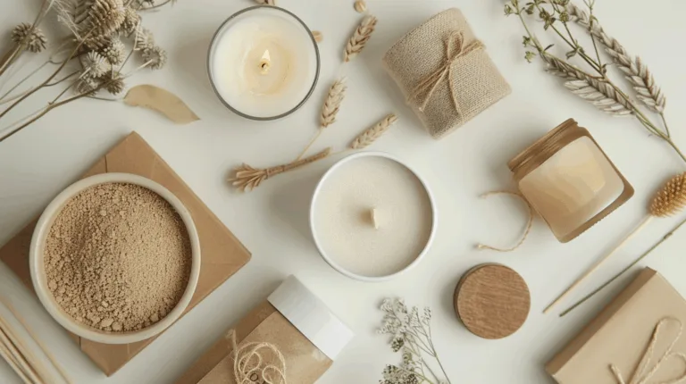 Eco-friendly sand wax with recyclable packaging and clean burning performance, shown in a modern flat lay style.