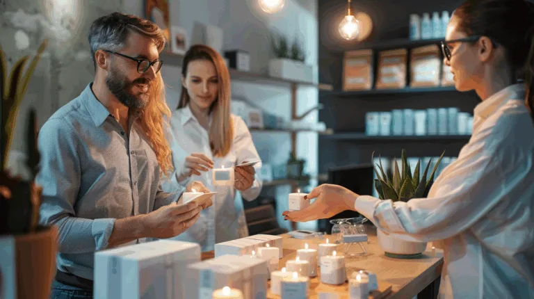 Global candle supplier presenting floating candle samples and packaging designs in a professional workspace.
