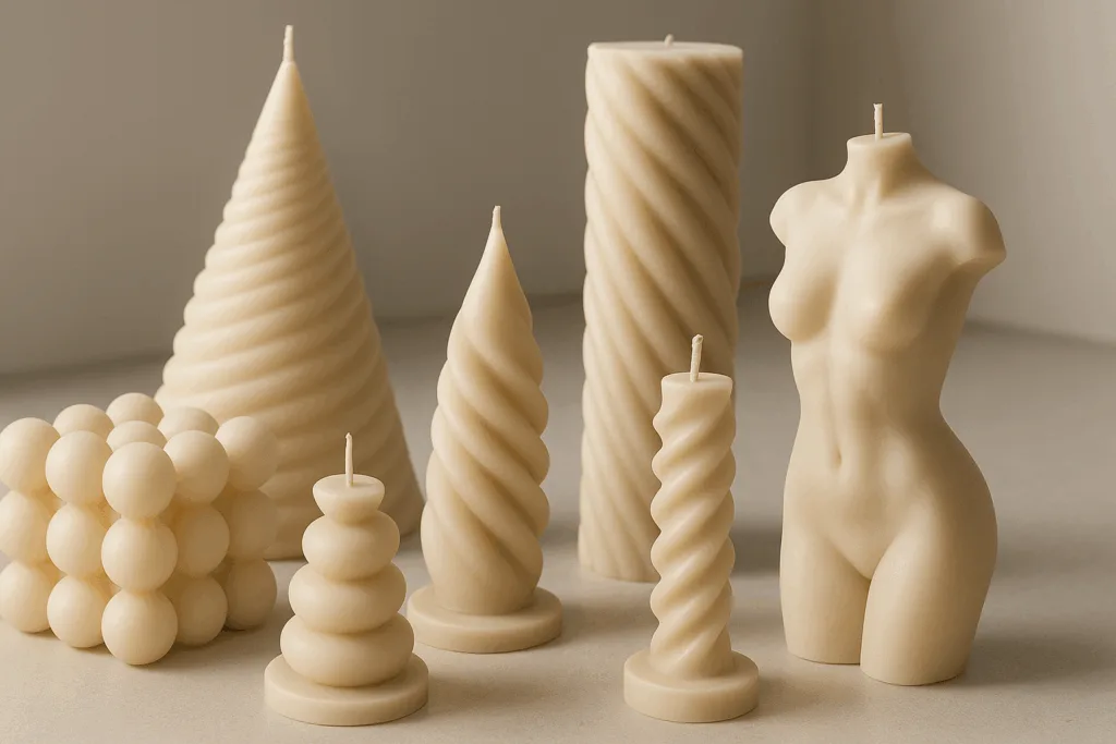 A collection of sculptural pillar candles in geometric, spiral, and figurative shapes displayed together as artistic decor.