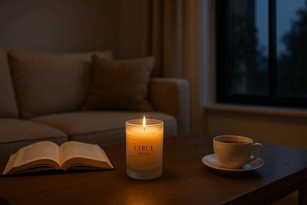 From Concept to Candle: How Our Design Support Brings Ideas to Life 1 A Circe Home candle glowing on a coffee table in a cozy modern living room with books and tea.