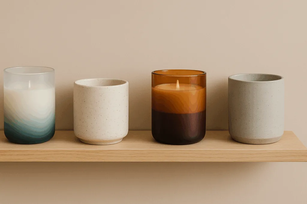 Trendy candle containers including frosted gradient glass, handmade ceramics, dual-tone glass, and eco-friendly concrete jars.