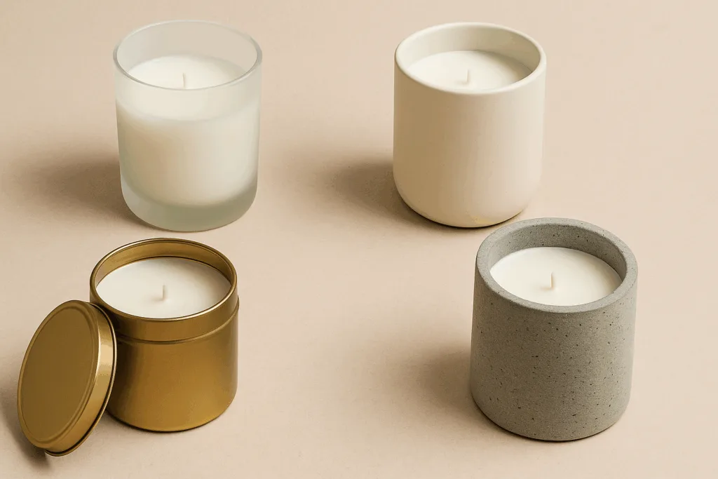Flat lay of candle containers in frosted glass, ceramic, metal, and concrete representing branding styles.