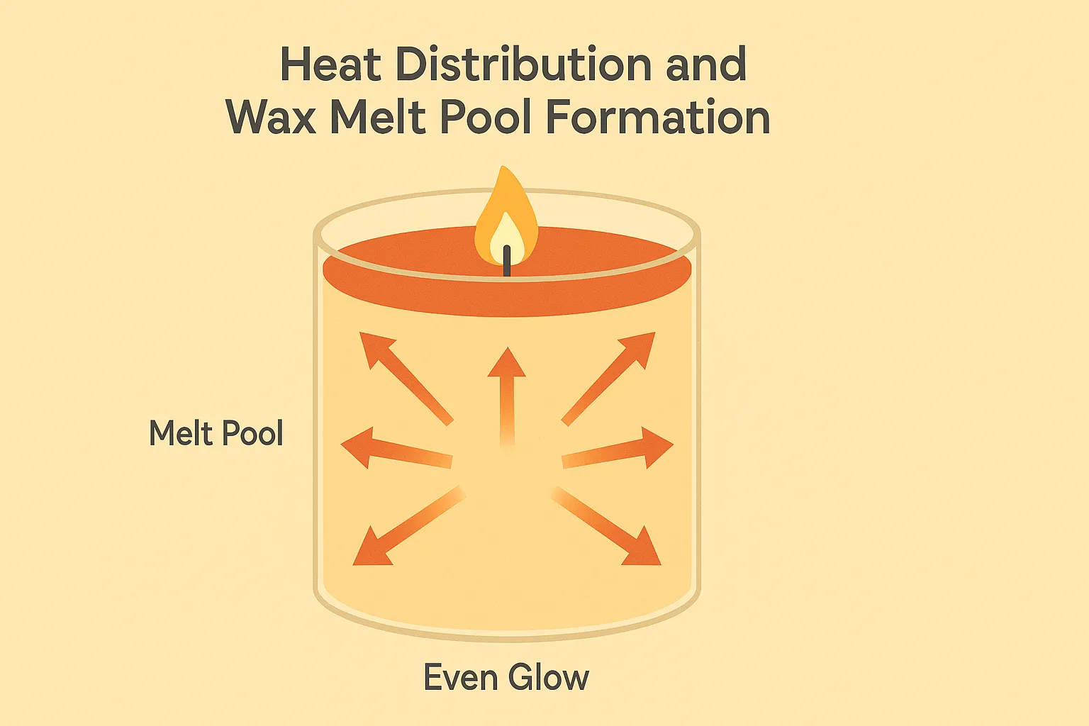 Diagram of how a candle melt pool forms, showing heat distribution and even wax melting across the surface.