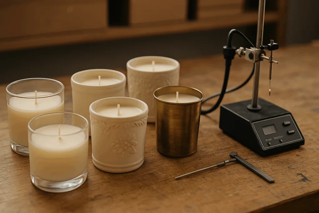 From Concept to Candle: How Our Design Support Brings Ideas to Life 3 A set of candle prototypes in glass, ceramic, and metal containers undergoing burn tests