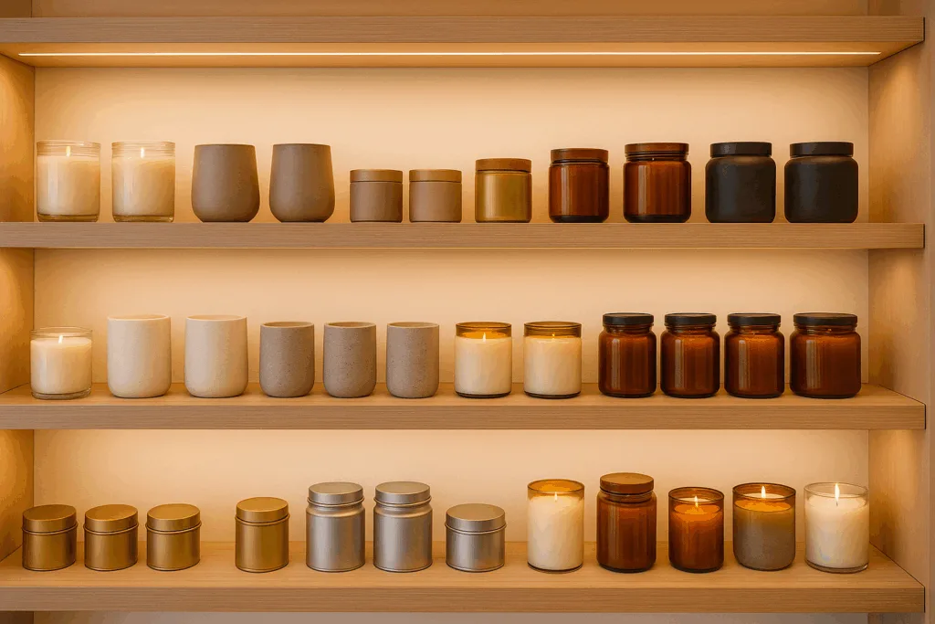 Retail store display of candle containers in glass, ceramic, metal, and concrete showing shelf appeal.