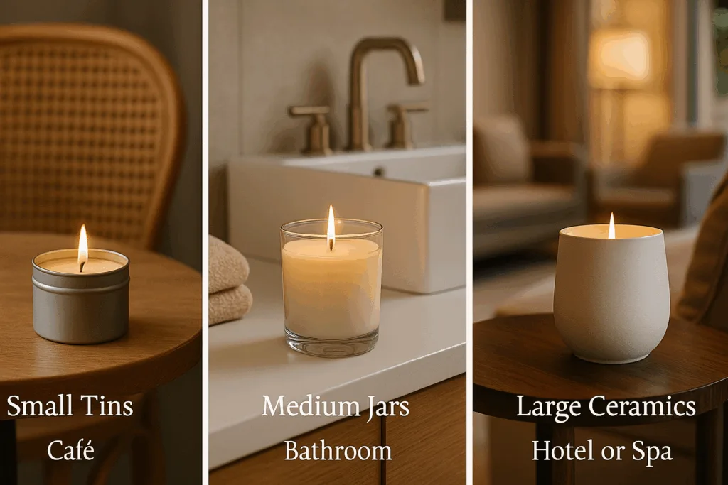 Candle container sizes shown in settings: small tins in cafés, medium glass jars in bathrooms, large ceramic vessels in spas.