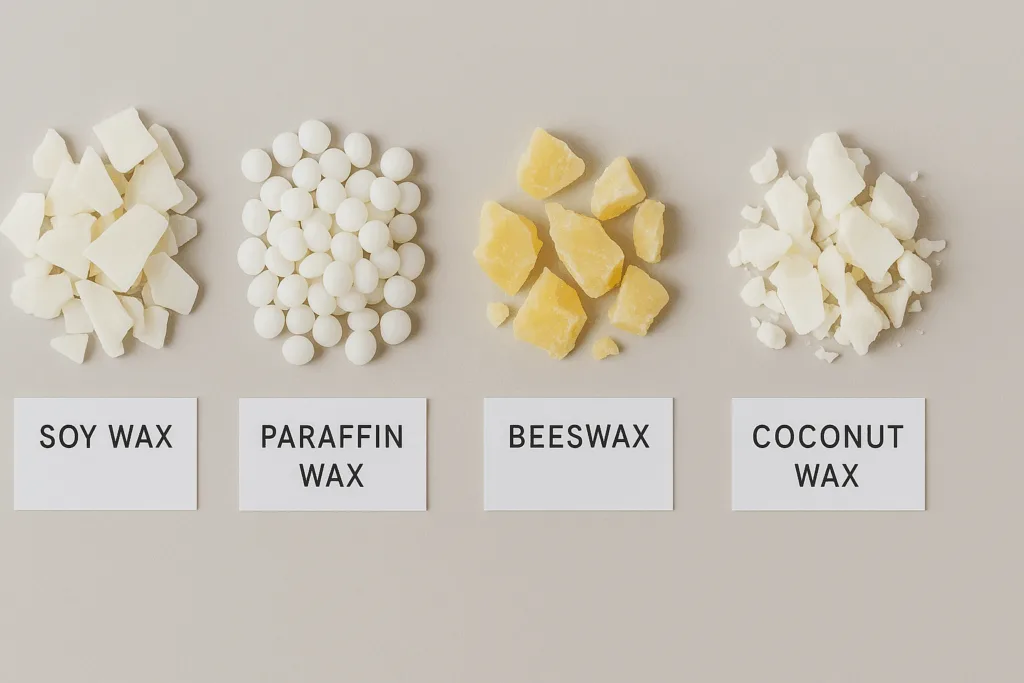 Soy, paraffin, beeswax, and coconut wax displayed side by side for candle making.