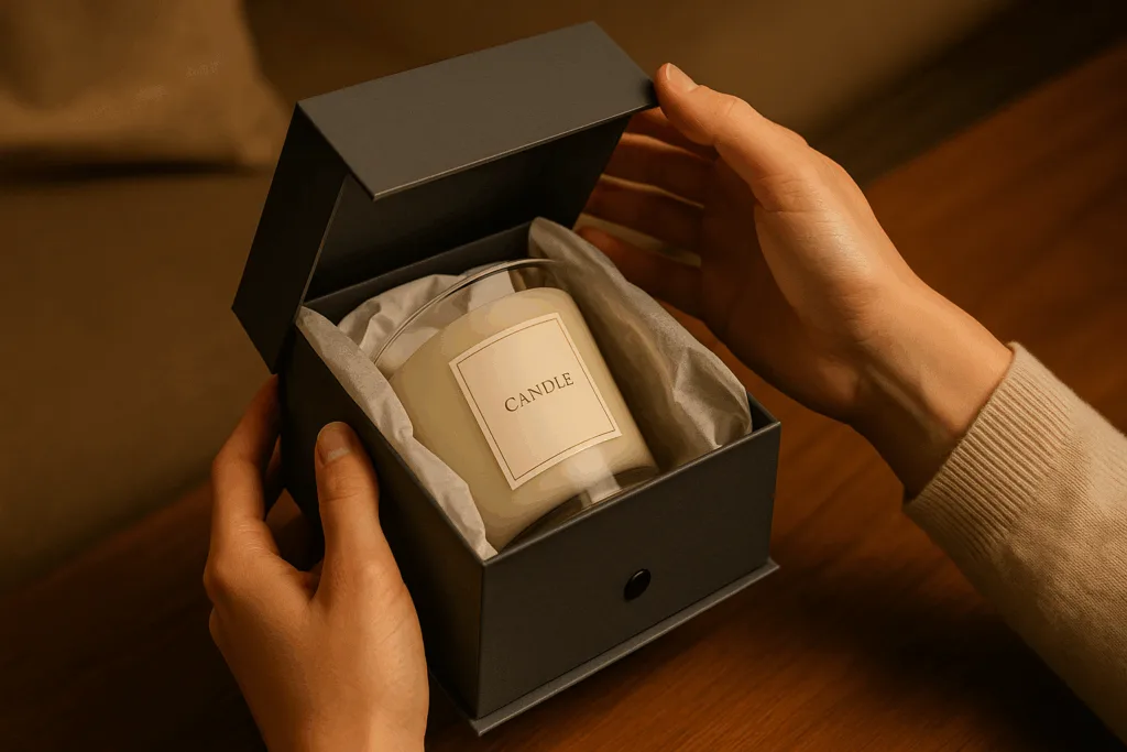 Circe Home candle unboxing ritual with recyclable luxury packaging