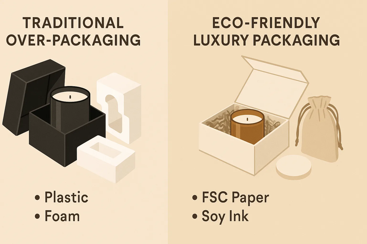 Comparison of traditional candle packaging and Circe Home sustainable packaging