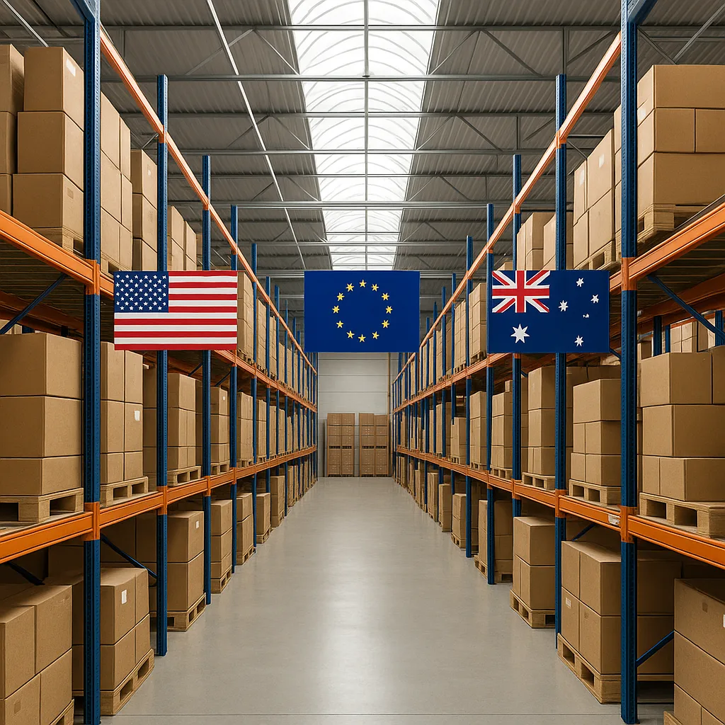 Overseas warehouse with shelves of custom candles ready for global fulfillment