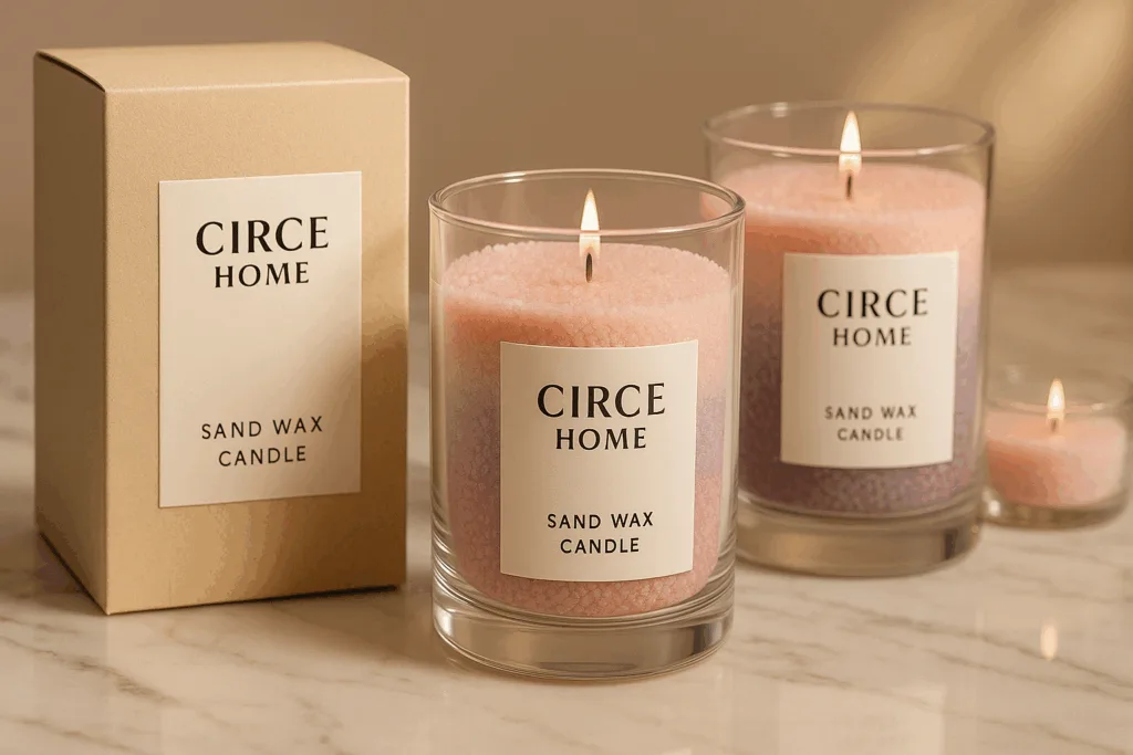 Circe Home branded sand wax candles in luxury packaging.