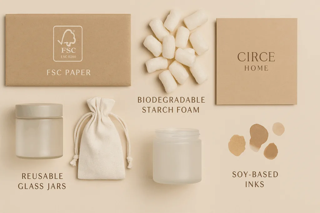 Circe Home sustainable packaging materials including FSC paper, soy ink, and reusable candle jars