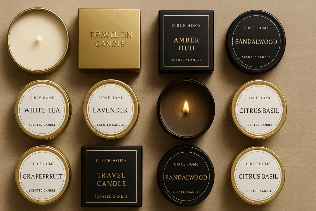 Circe Home’s luxury travel tin candle collection in multiple fragrances.
